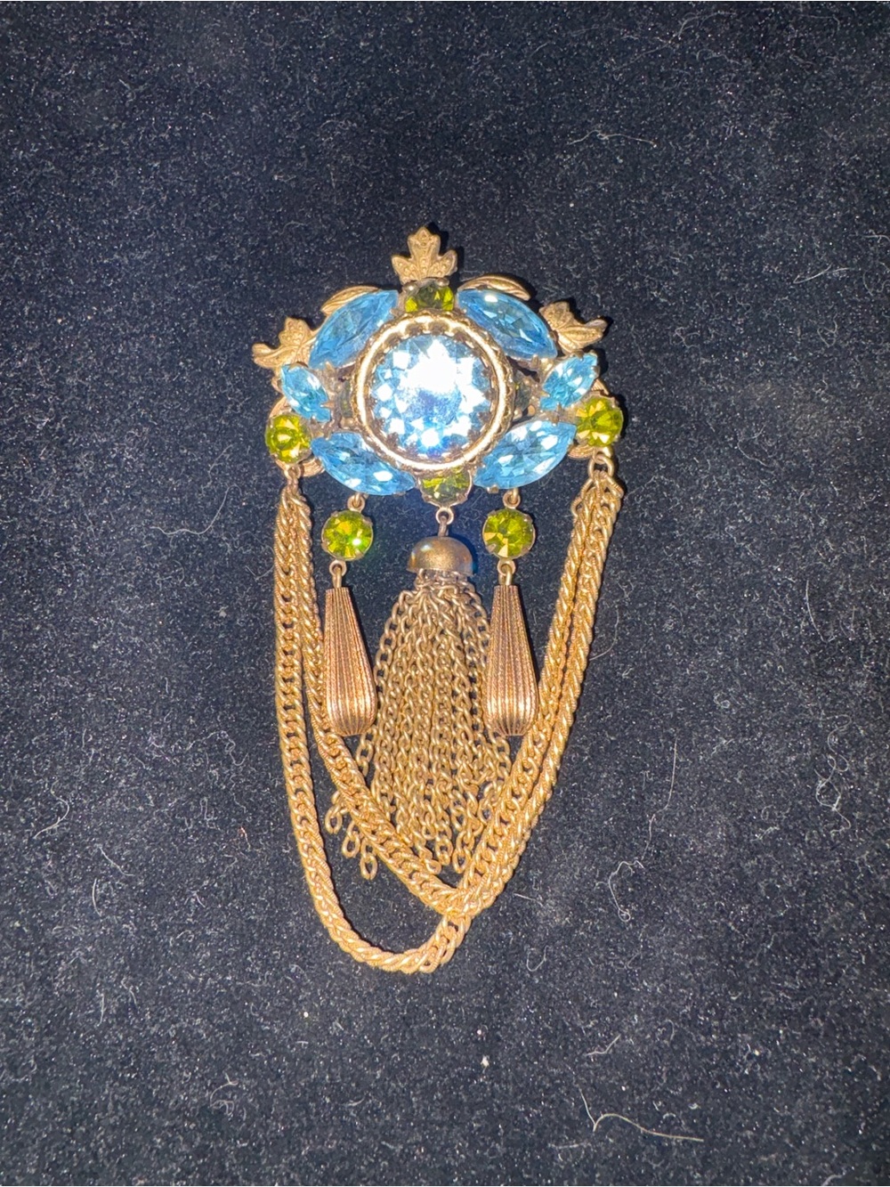 Vintage Gold-Tone Blue and Green Crystal Tassel Brooch